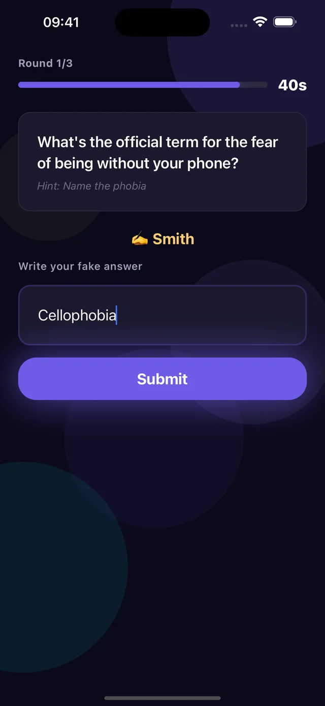 Writing a fake trivia answer in BluffOut to bluff and fool your friends during a timed round