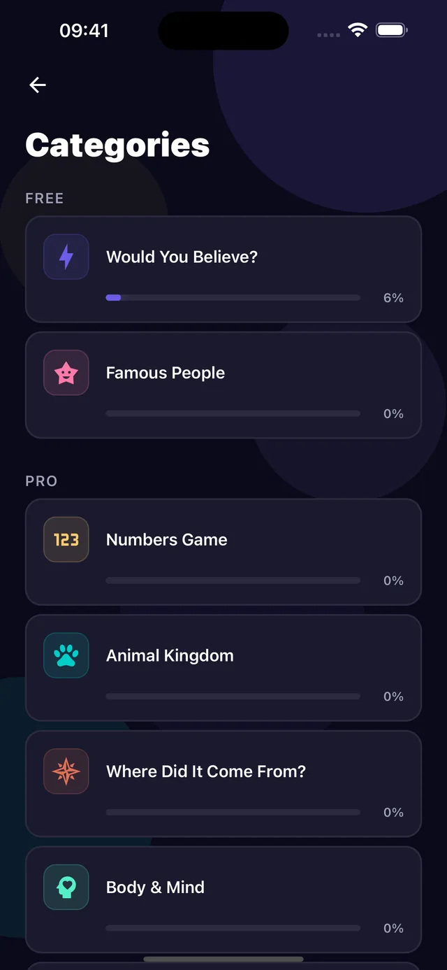 BluffOut trivia categories showing 2 free categories with all 10 unlocked in Pro