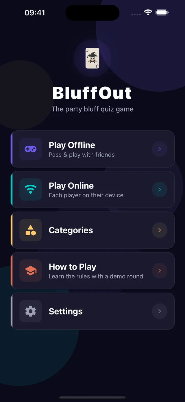 BluffOut home screen on iPhone with Play Offline pass-and-play and Play Online multiplayer modes