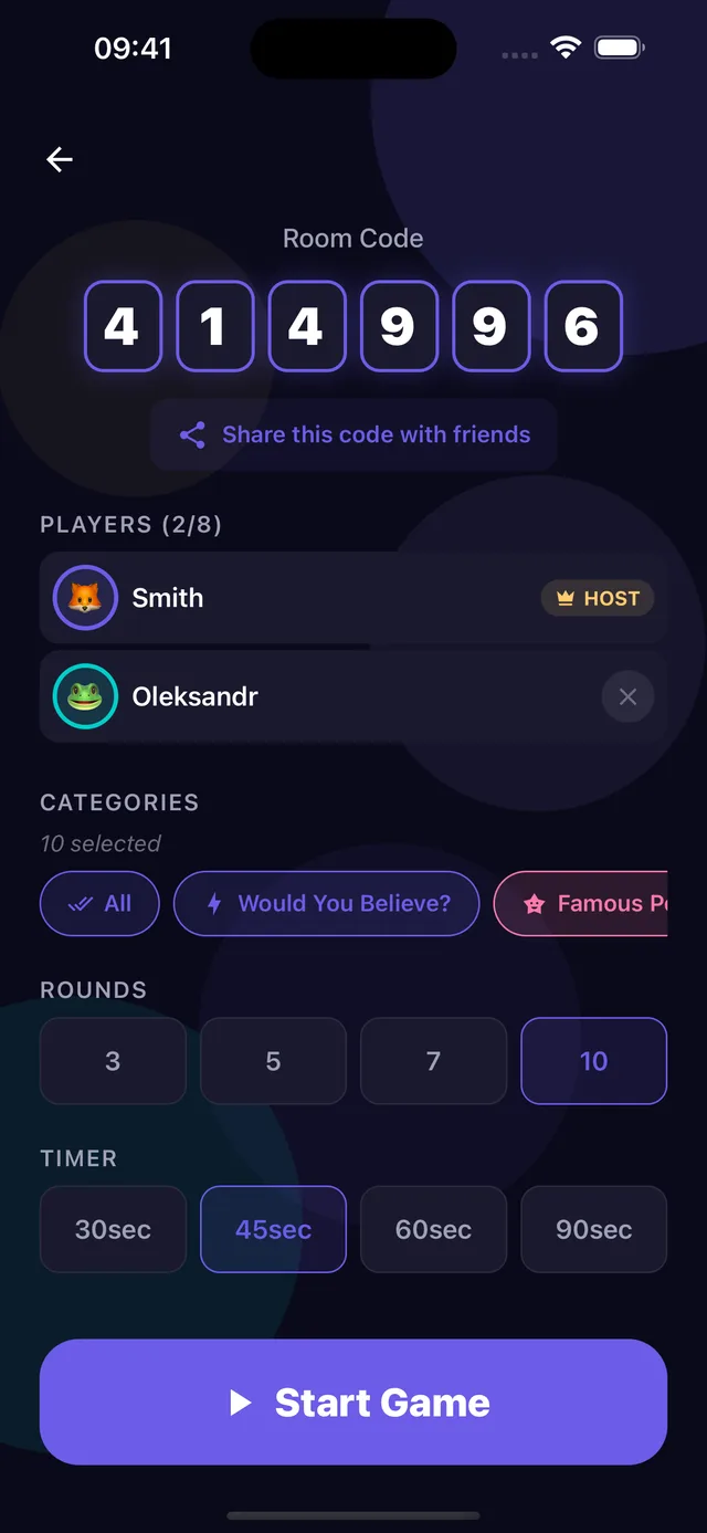 BluffOut online multiplayer room with a 6-character room code to share with friends, up to 8 players