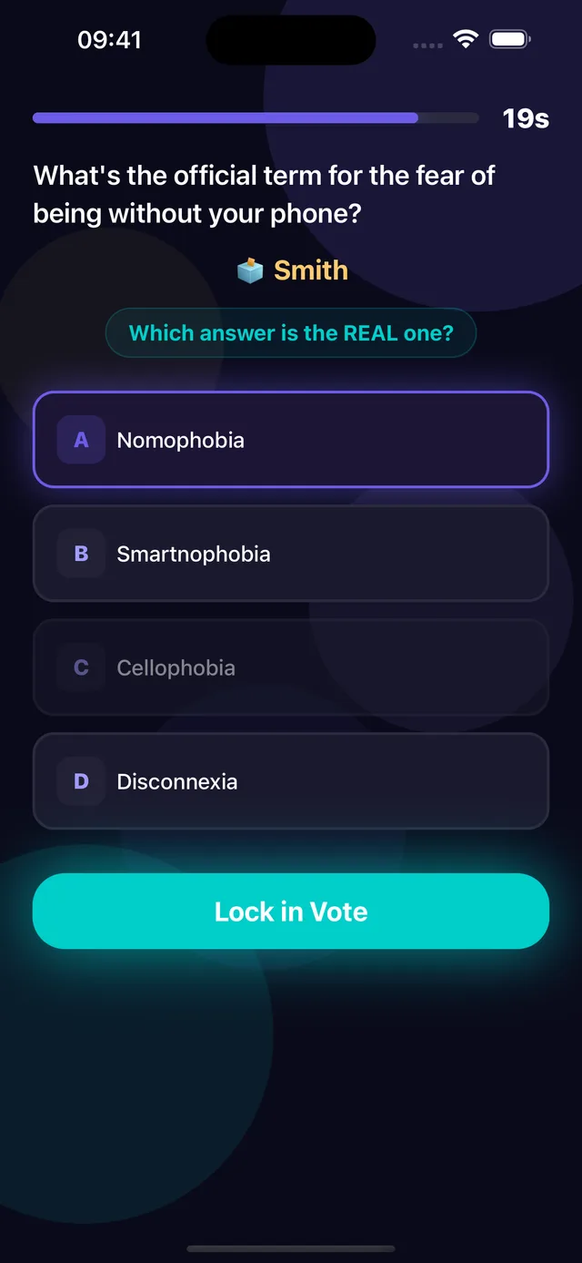 Voting on which shuffled answer is the real one in BluffOut, the party bluffing game
